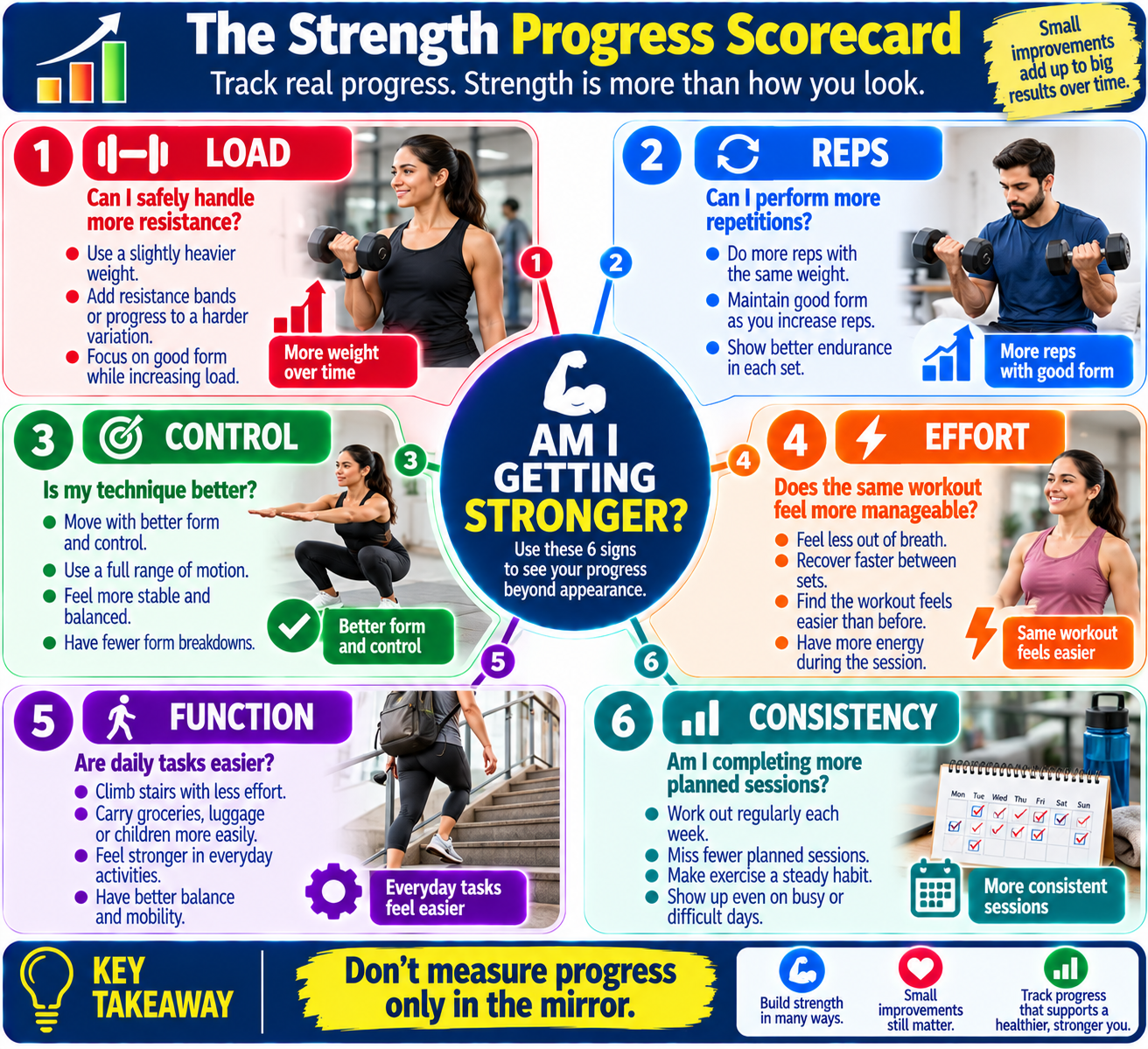 “Strength training progress scorecard showing load, repetitions, technique, effort, daily function, and consistency as measures of fitness progress.”