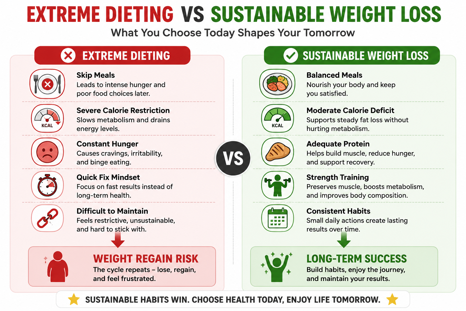 Comparison infographic showing differences between extreme dieting and sustainable weight loss habits for long-term success.