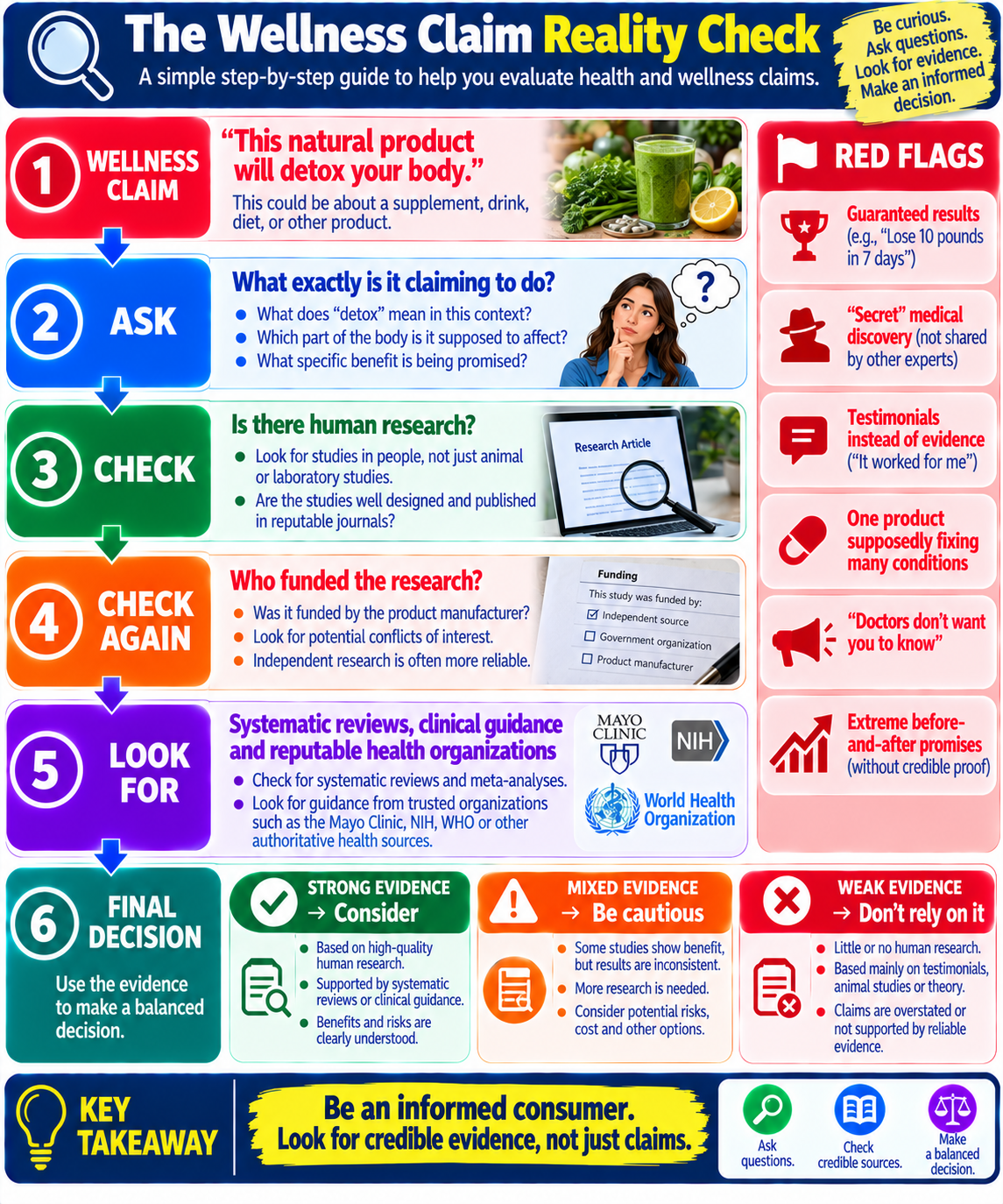 “Wellness claim reality check infographic showing how to evaluate health claims using evidence before accepting wellness advice.”
