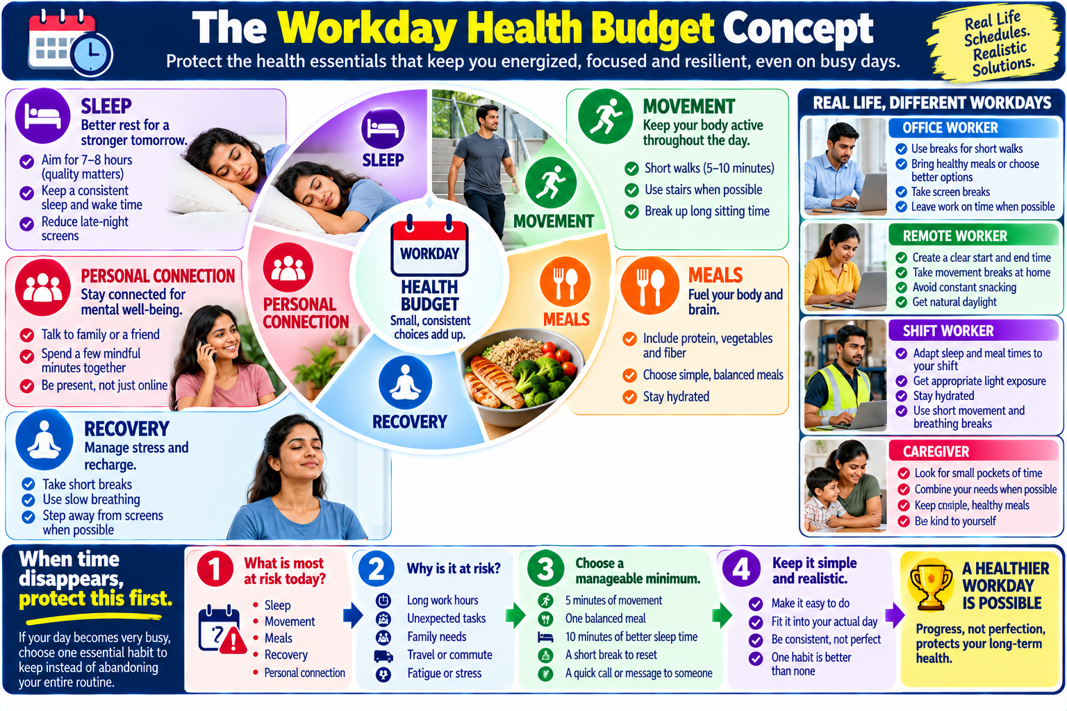 Workday health budget infographic showing practical ways to protect sleep, movement, meals, recovery and personal time around work responsibilities.