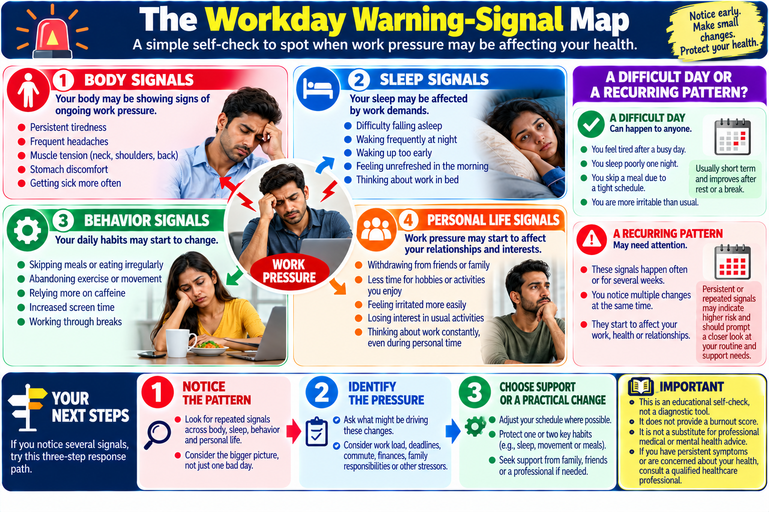 Workday health warning-signal map showing physical, sleep, behavioral and personal-life changes that may indicate excessive work stress.