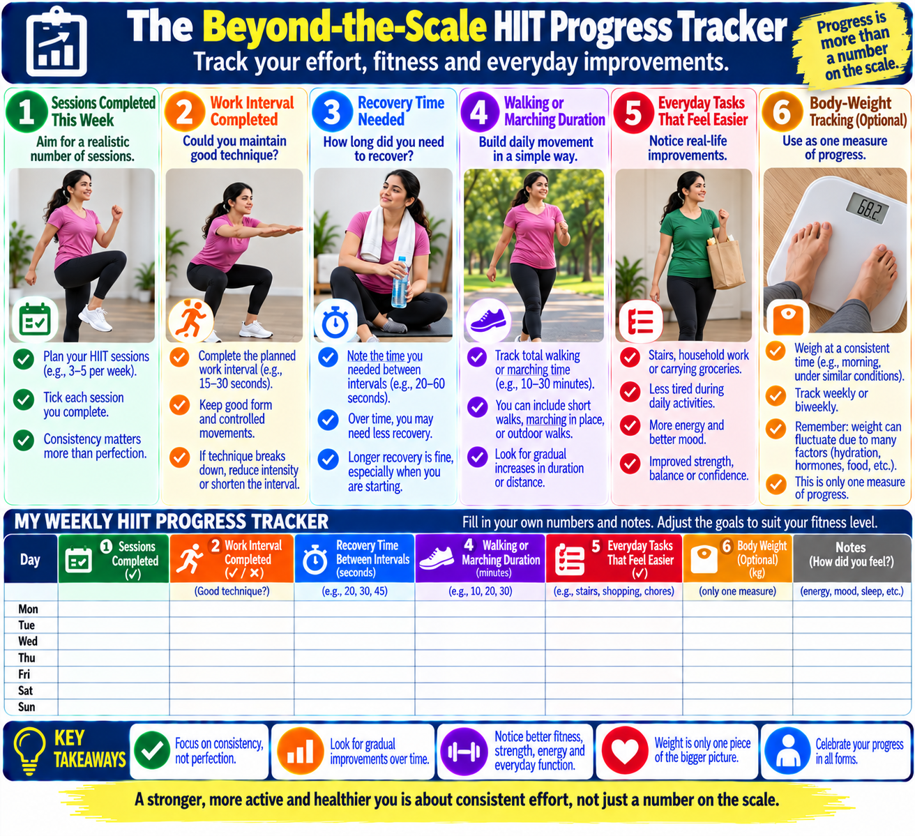 Beginner HIIT progress tracker measuring exercise consistency, movement control, recovery, activity duration, and everyday fitness beyond body weight.
