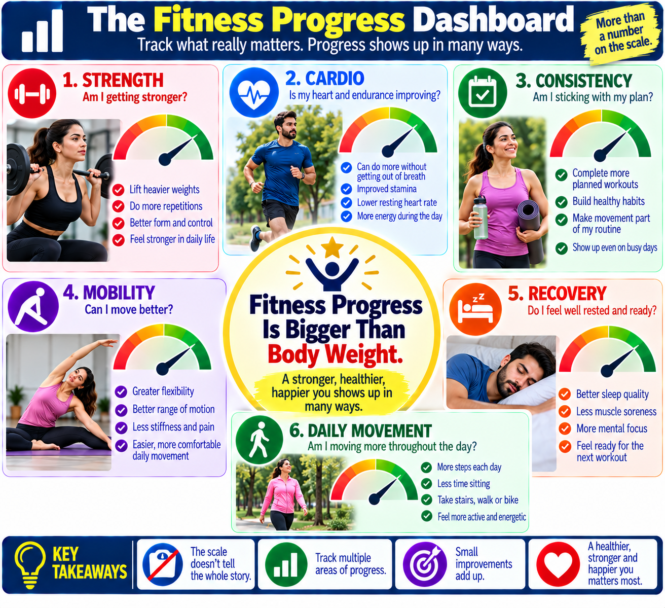 Fitness progress dashboard showing strength, cardio, mobility, recovery, consistency, and daily movement beyond body weight
