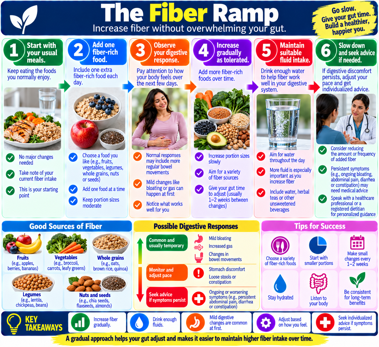 Gut health fiber ramp showing gradual additions of oats, fruit, vegetables, beans, and fluids to help increase dietary fiber comfortably.
