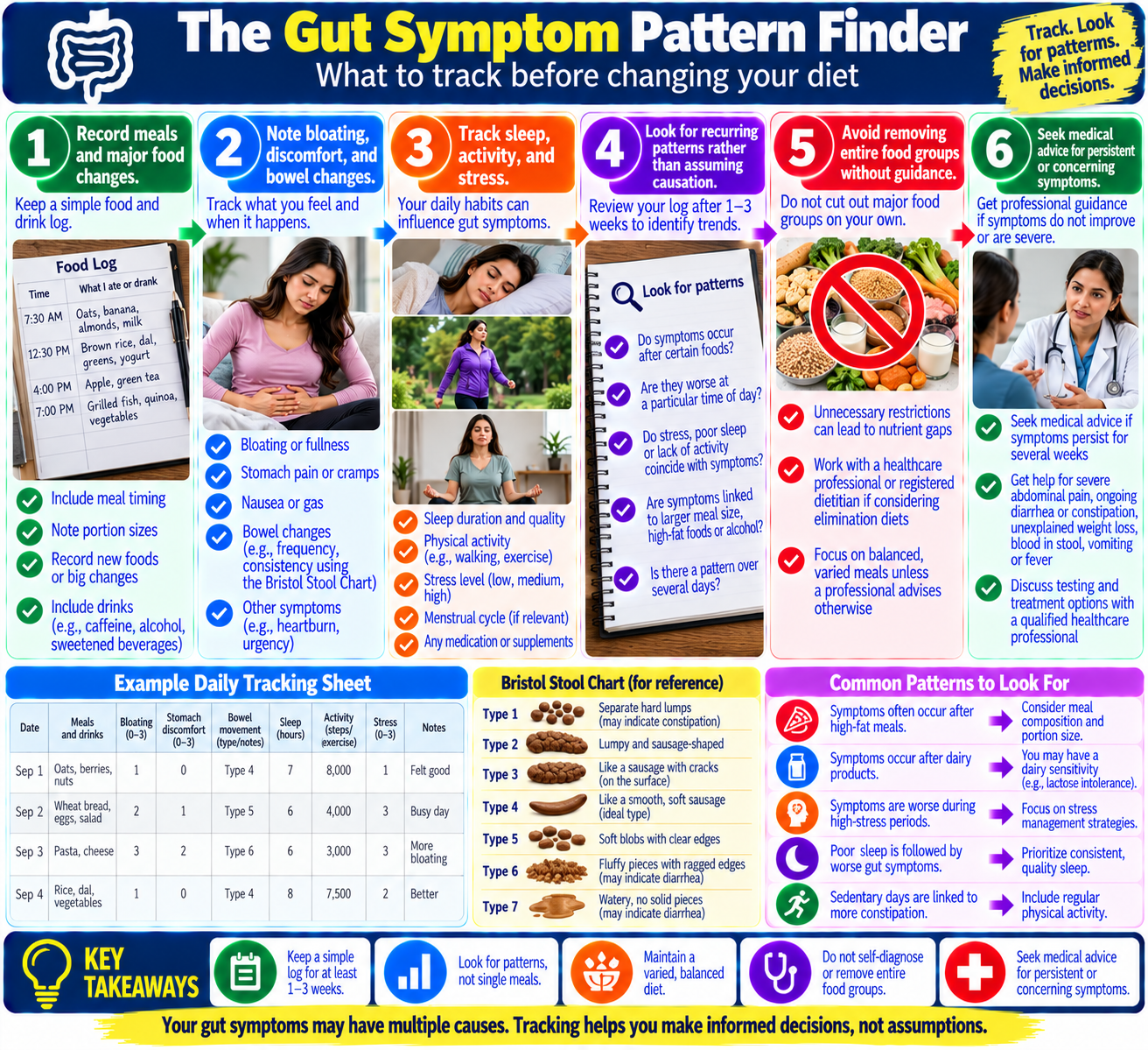 Gut health symptom tracking infographic connecting meals, bowel habits, stress, sleep, and physical activity in a simple daily diary.