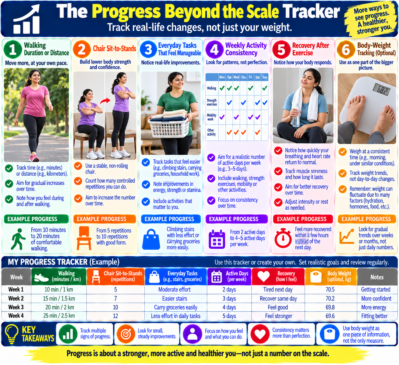 Hypothyroidism exercise progress tracker showing walking tolerance, strength, daily function, activity consistency, and recovery alongside body weight.