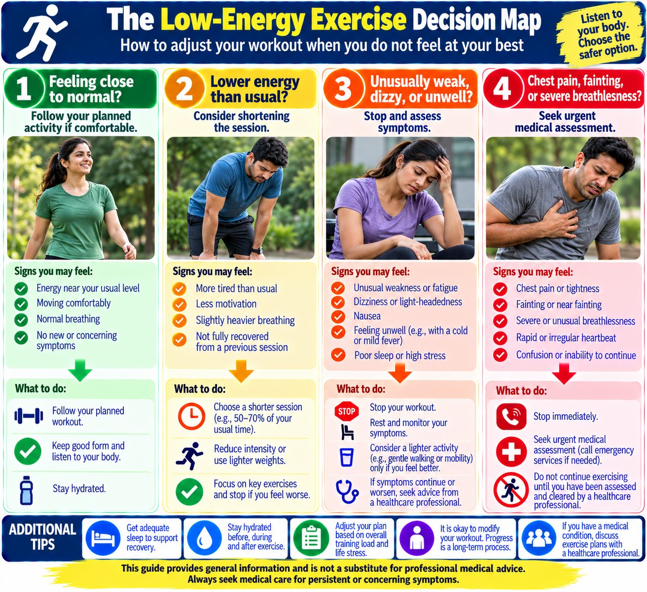 Exercise decision map for hypothyroidism showing how to choose planned activity, shorter gentle movement, or rest based on symptoms and energy.