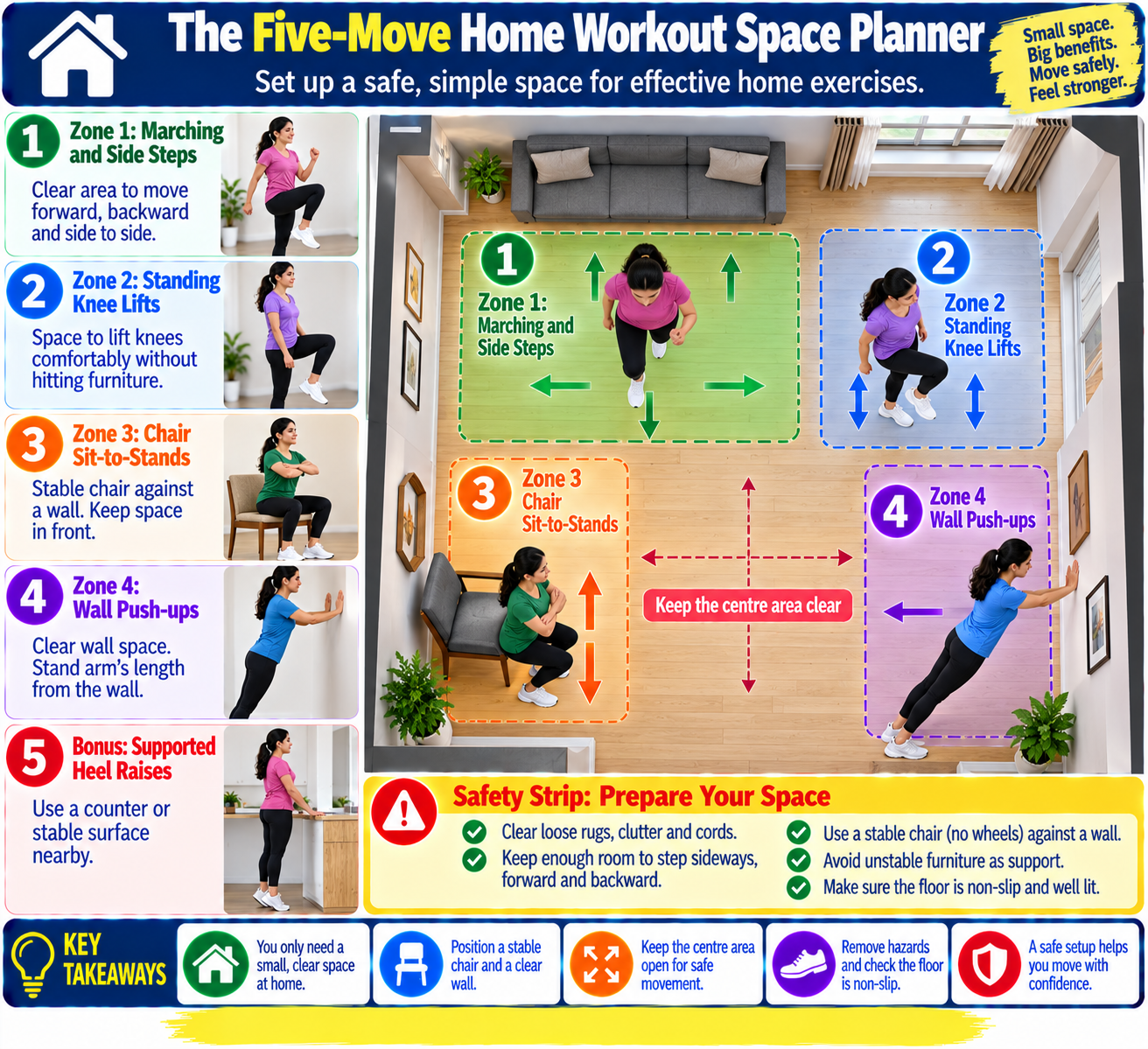 Low-impact HIIT home space planner showing a clear exercise area, stable chair placement, wall push-up position, and safe movement space.