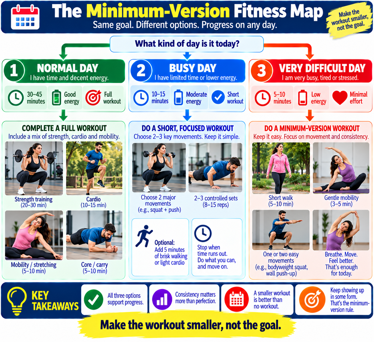 Minimum-version fitness habit map showing how to adapt workouts on normal, busy, and difficult days
