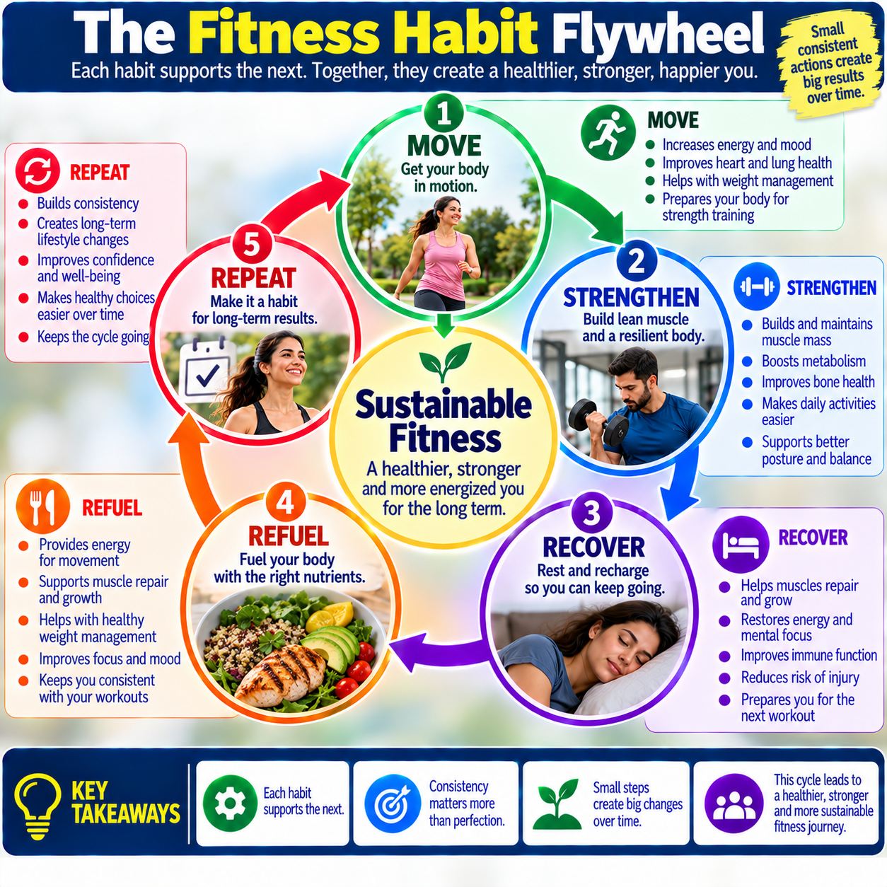 Science-backed fitness habits flywheel showing movement, strength, recovery, nutrition, and consistency