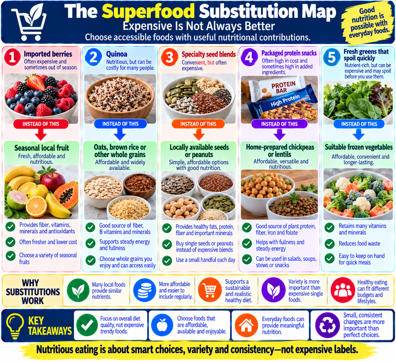 Superfood substitution map comparing affordable foods such as lentils, oats, peanuts, seasonal fruit, and leafy greens with pricier alternatives.