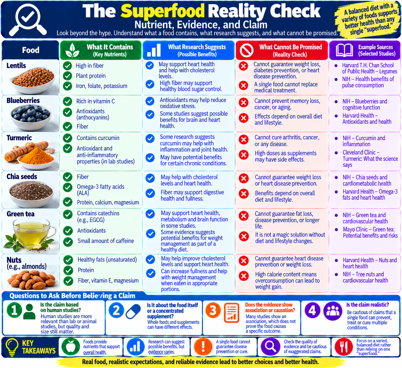 Superfood evidence reality-check infographic separating known nutrients, researched health associations, and unsupported claims about individual foods.
