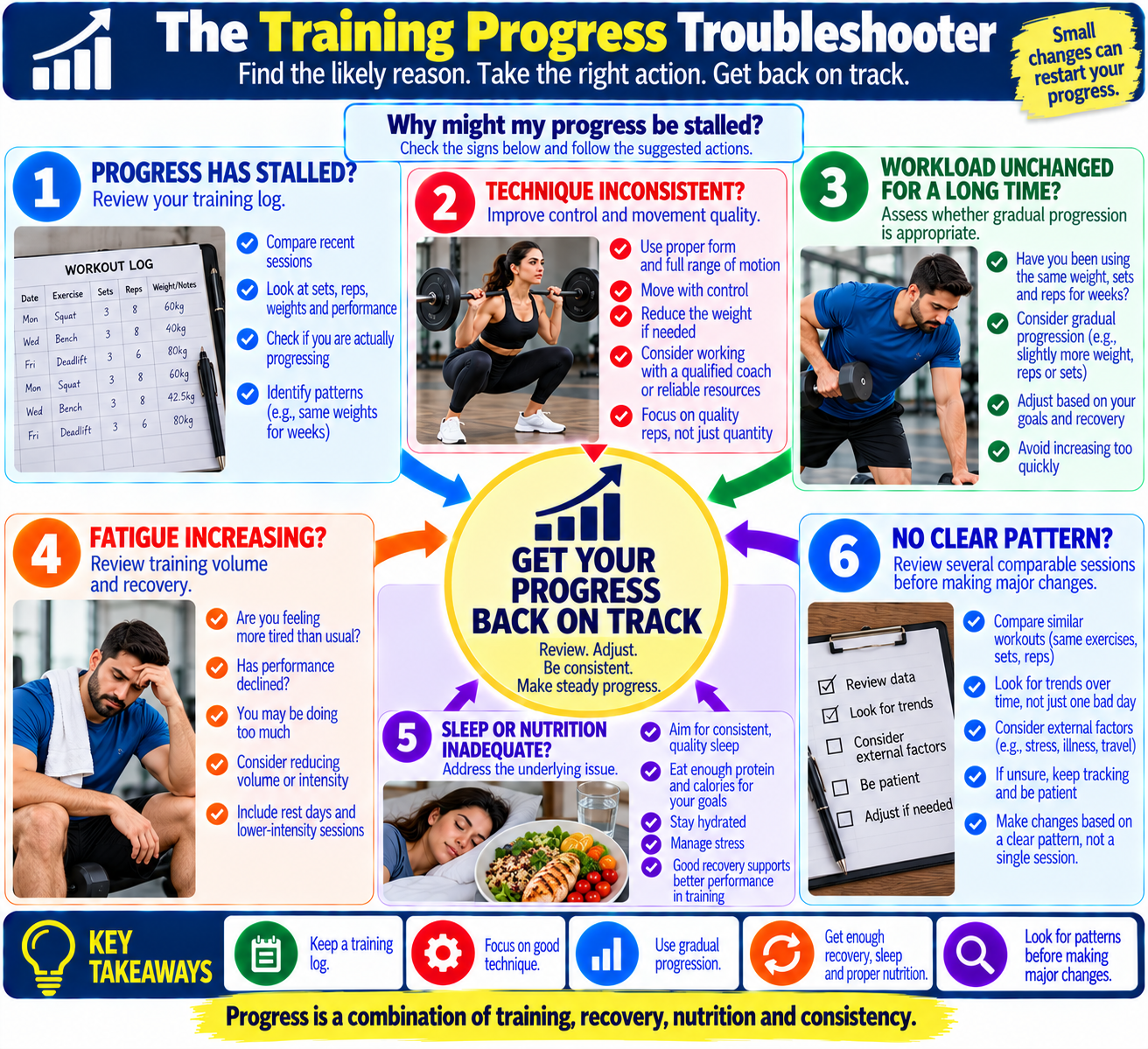 Training progress troubleshooting infographic showing how to review technique, training progression, recovery, sleep, nutrition, and workout consistency.