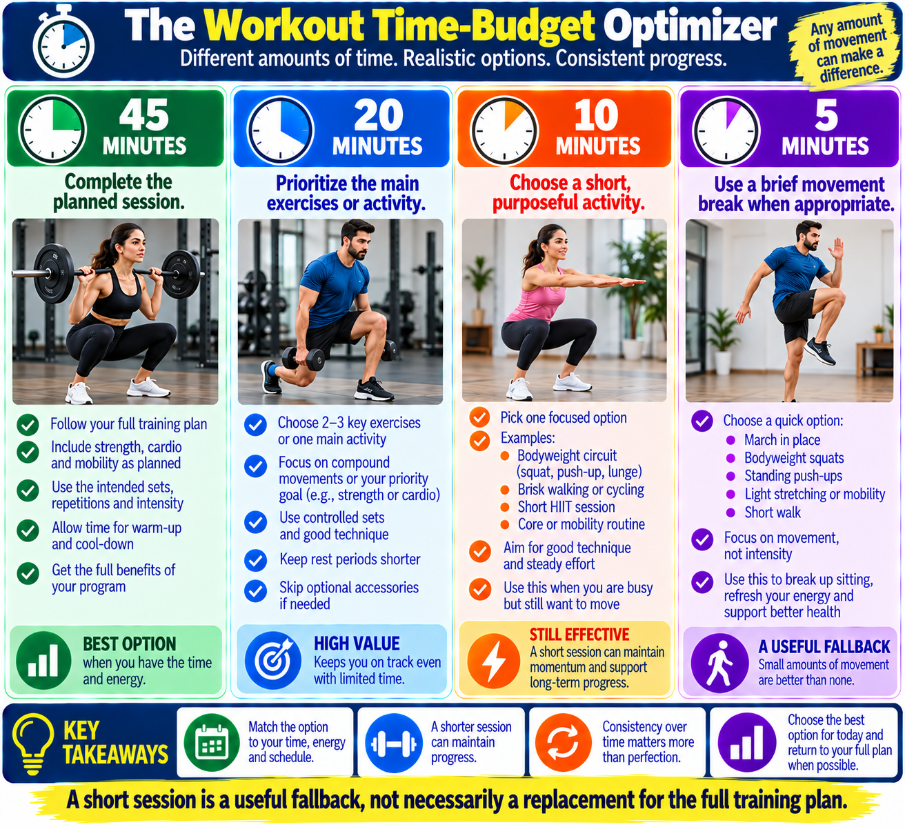 Workout time-budget infographic showing how to adapt training for 45-minute, 20-minute, 10-minute, and 5-minute sessions.