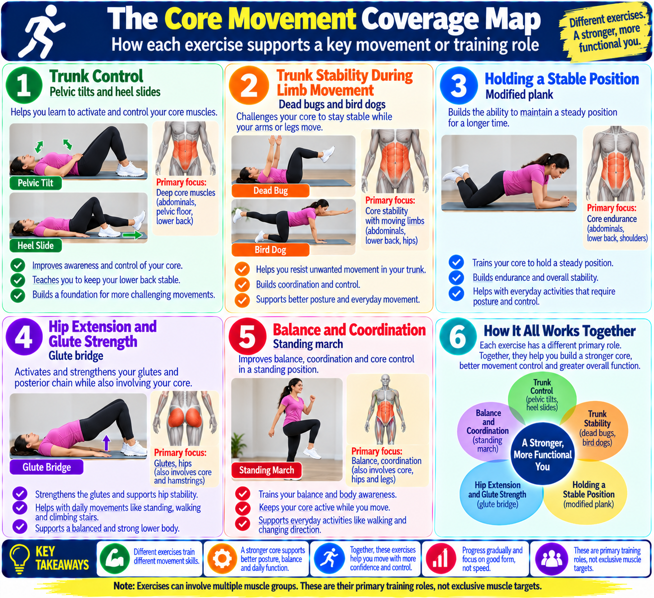 Beginner core movement coverage map linking pelvic tilts, dead bugs, bird dogs, modified planks, and glute bridges to trunk control, balance, and hip strength.