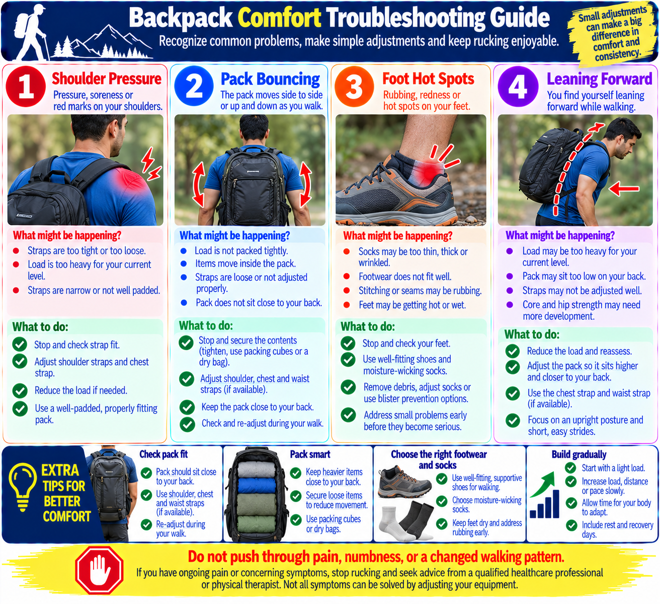 Rucking backpack comfort guide showing adjustments for shoulder pressure, shifting loads, foot rubbing, and excessive forward leaning.