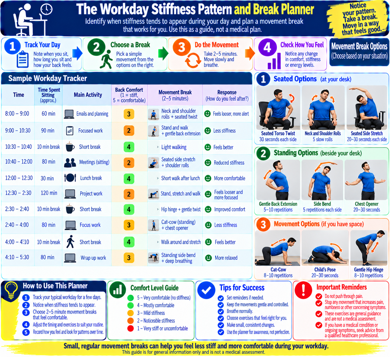 Workday lower-back stiffness planner for recording sitting periods, comfort levels, movement breaks, and symptom responses from morning through evening.
