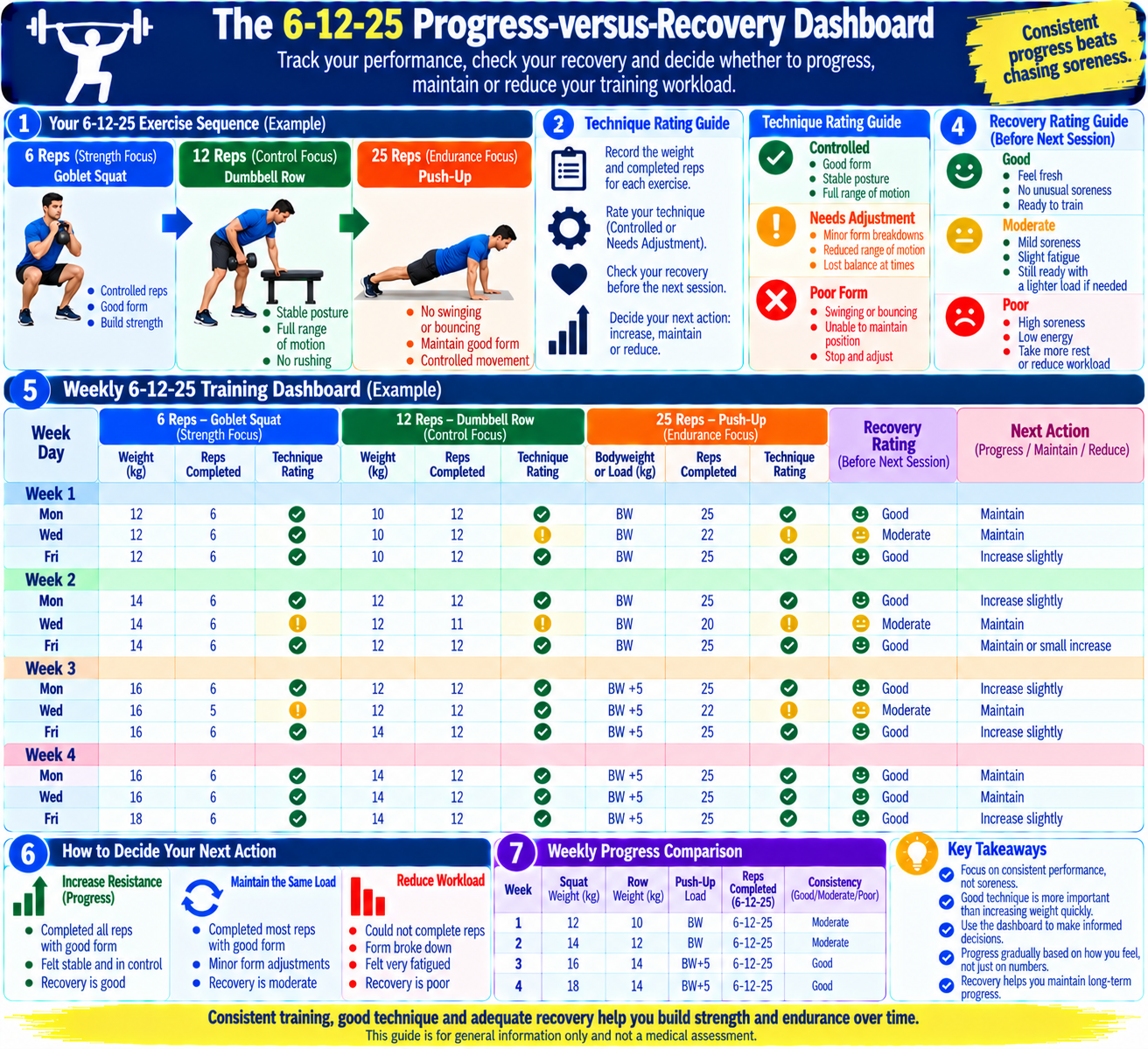 6-12-25 workout progress and recovery dashboard for recording exercise loads, completed repetitions, technique quality, recovery, and next-session adjustments.