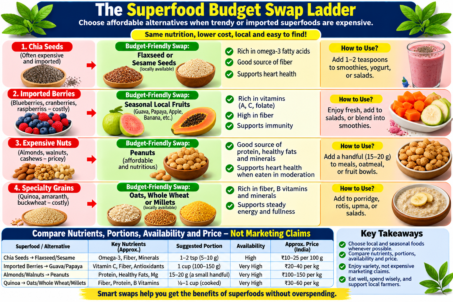 Affordable superfood budget swap ladder comparing common expensive health foods with practical alternatives available in India, including peanuts, seasonal fruit, local seeds, pulses, and whole grains.