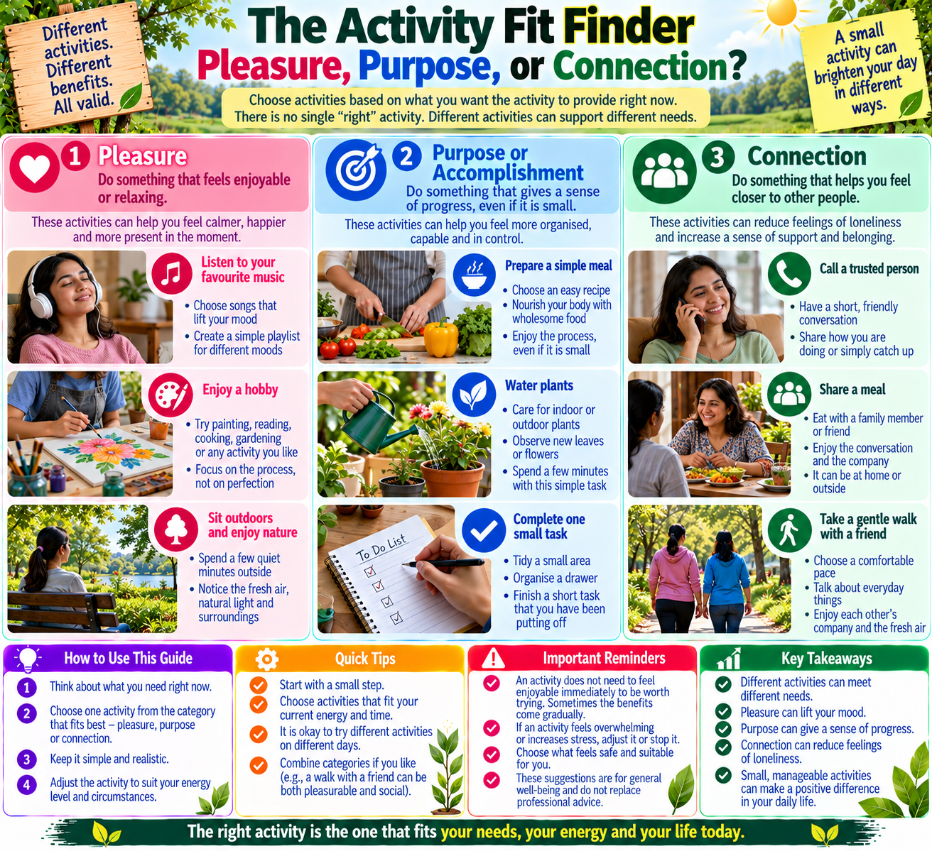 Activity fit finder for depression self-help, grouping manageable activities into pleasure, purpose or accomplishment, and social connection.