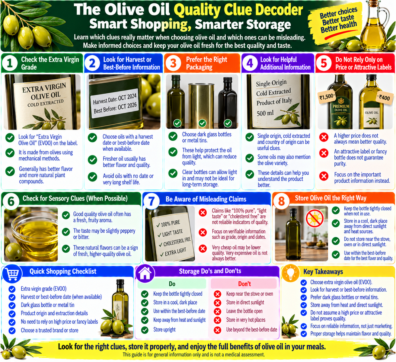 Extra virgin olive oil quality guide showing label details, freshness information, light-protective packaging, correct storage, and common misleading quality clues.