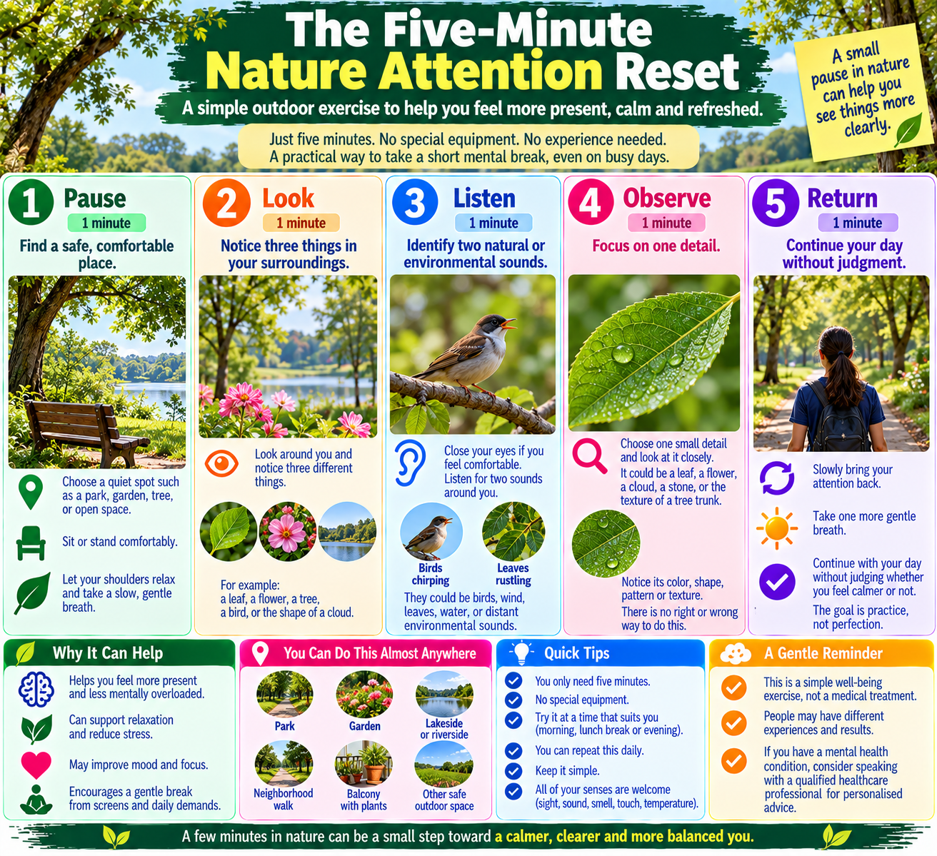 Five-minute nature attention exercise showing five simple steps for observing outdoor sights and sounds without requiring formal meditation.