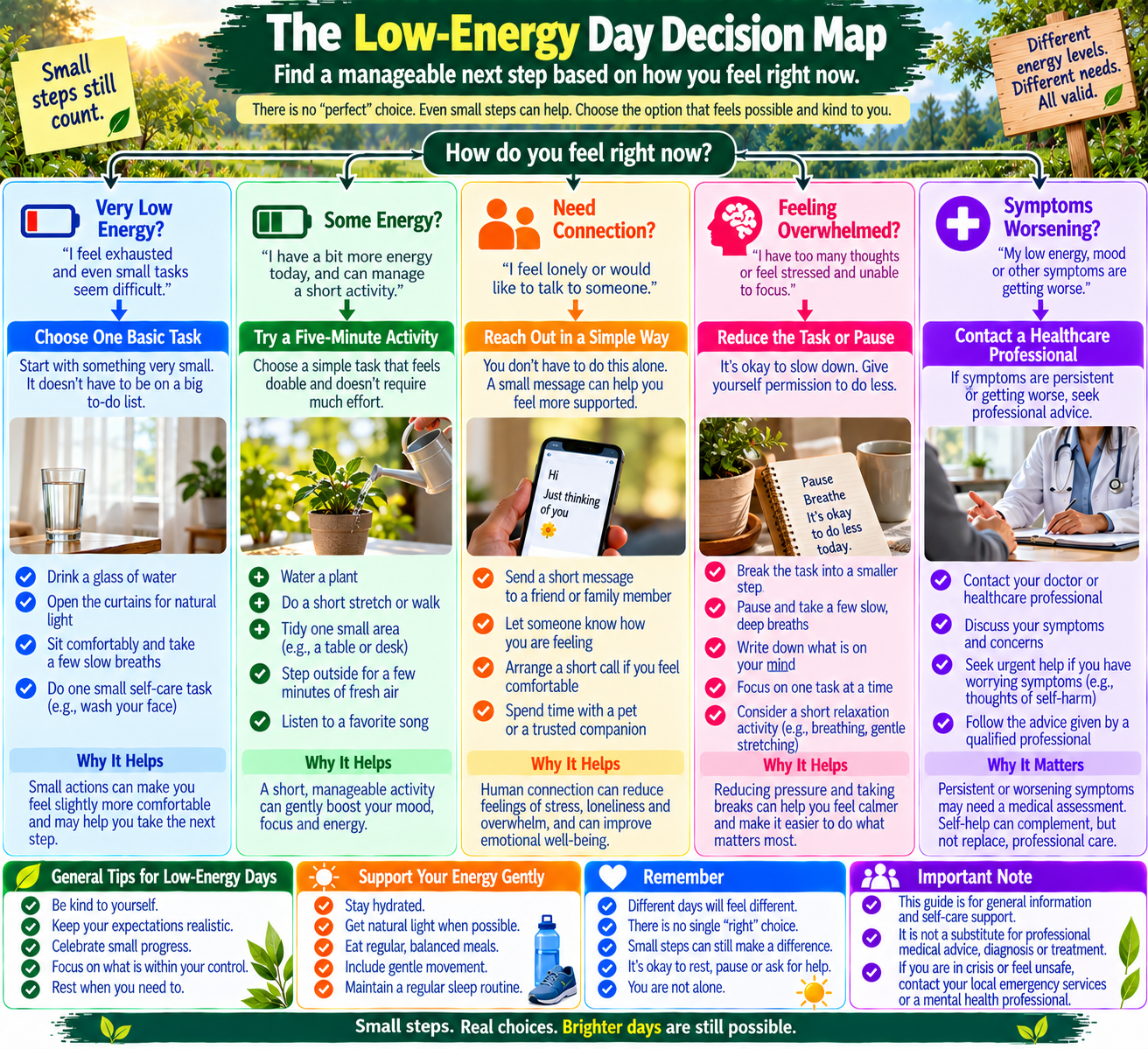 Low-energy day decision map showing manageable self-help options for depression, including basic tasks, brief activities, social connection, and seeking professional support when symptoms worsen.