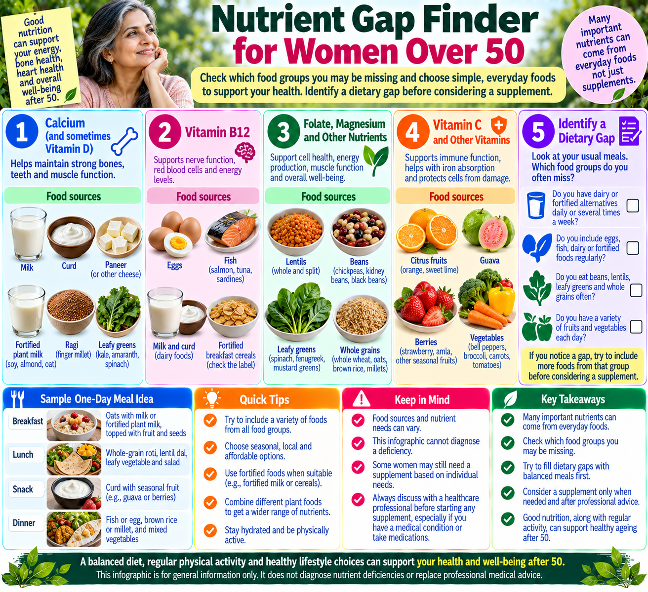 Nutrient gap finder for women over 50 showing food sources of vitamin B12, vitamin D, calcium, folate, vitamin C, magnesium and iron.
