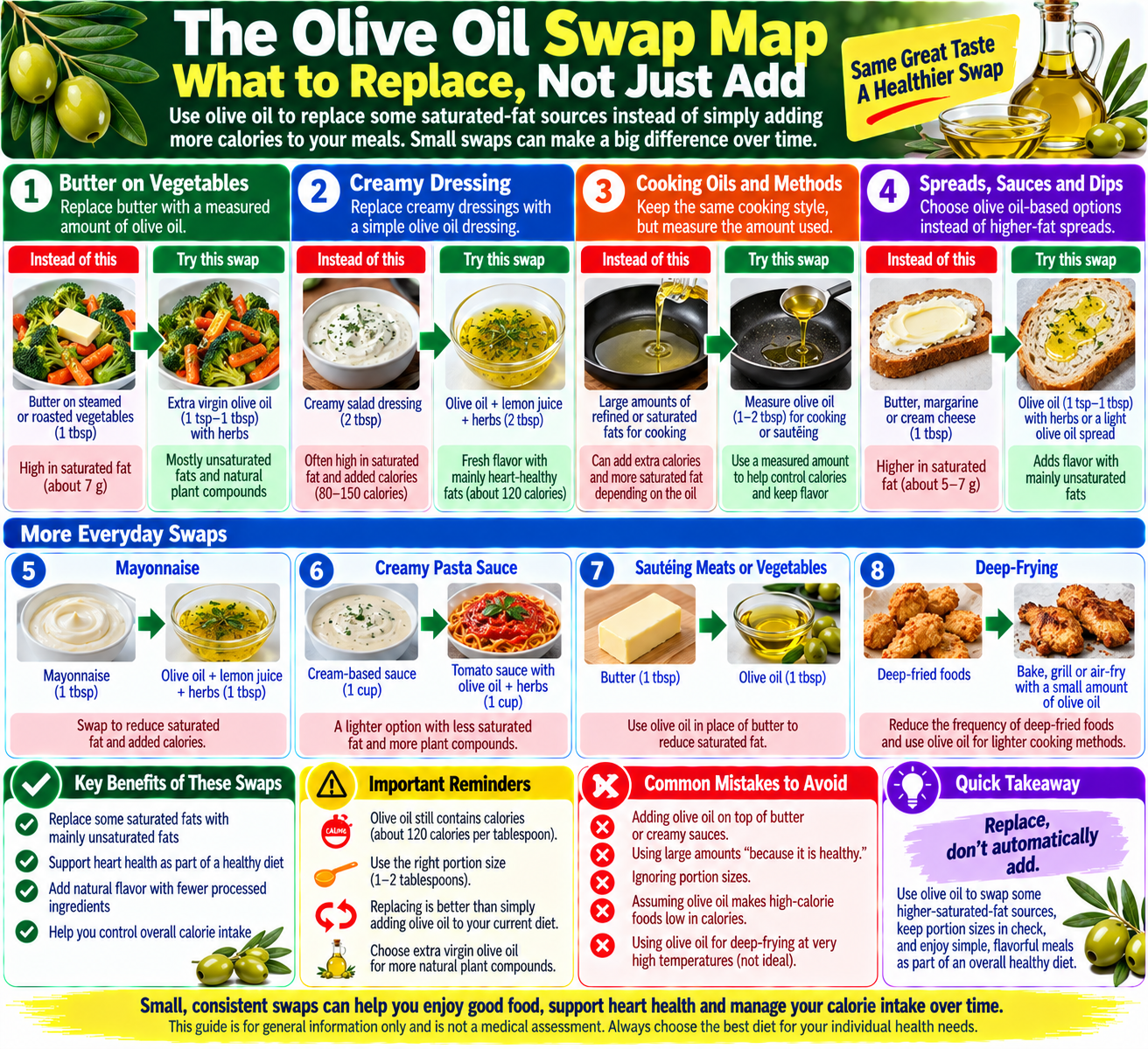 Olive oil healthy fat swap map showing practical ways to replace some butter and creamy dressings with measured olive oil while keeping calorie intake in mind.