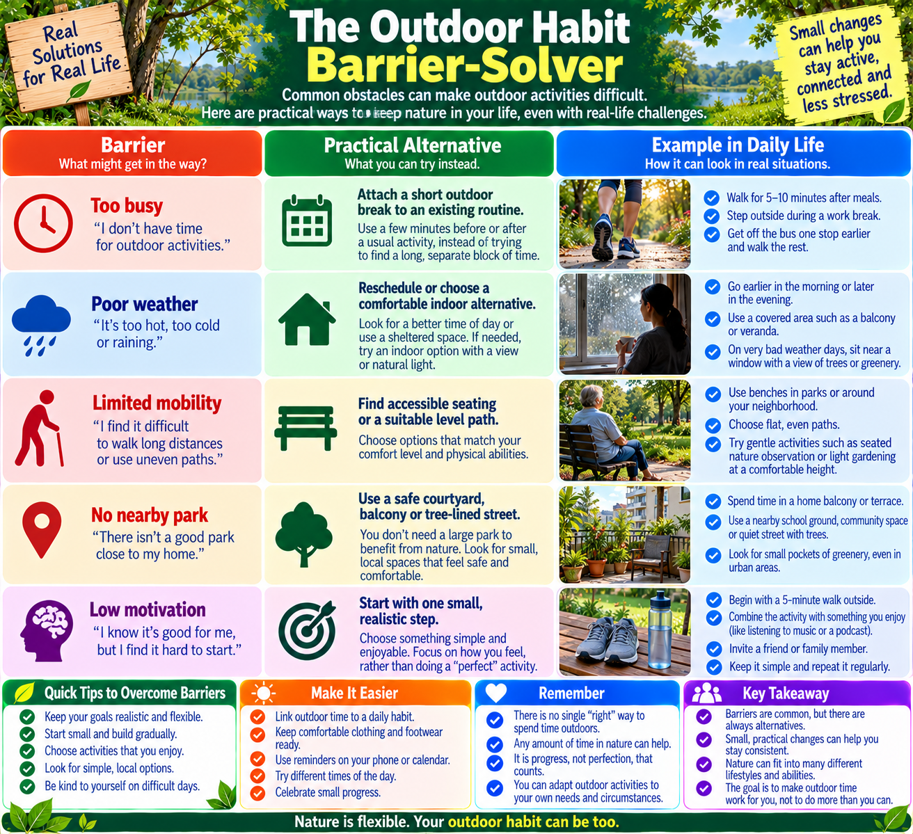 Outdoor habit barrier-solver infographic offering practical alternatives for limited time, poor weather, restricted mobility, and lack of nearby green space.