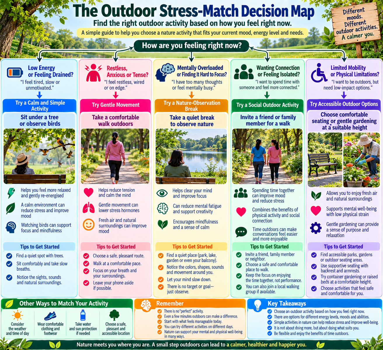 Outdoor stress-relief decision map matching energy levels, available time, mobility, and social preferences with suitable nature activities.