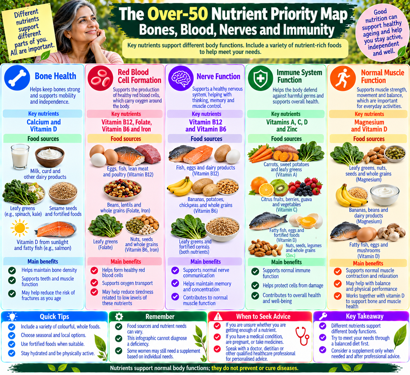 Nutrient priority map for women over 50 linking vitamin D and calcium to bone health, vitamin B12 and folate to blood cell formation, and selected vitamins and minerals to normal body functions.