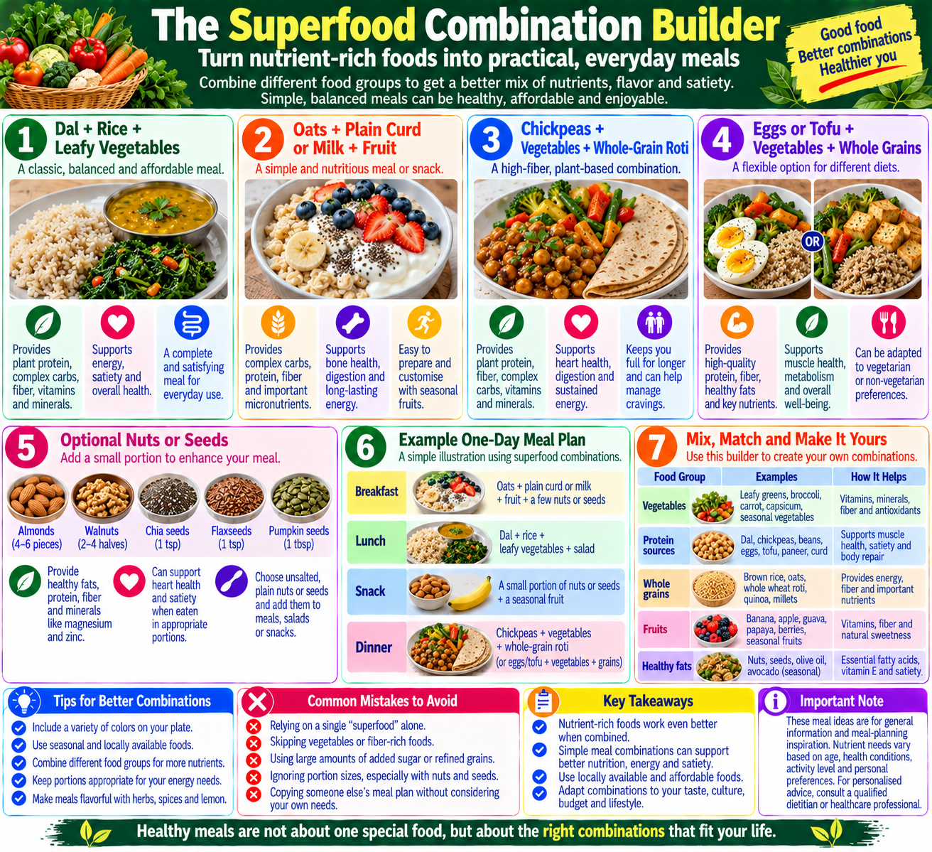 Superfood combination builder showing practical meal combinations using lentils, whole grains, vegetables, fruit, dairy, eggs, tofu, nuts, and seeds for a varied balanced diet.