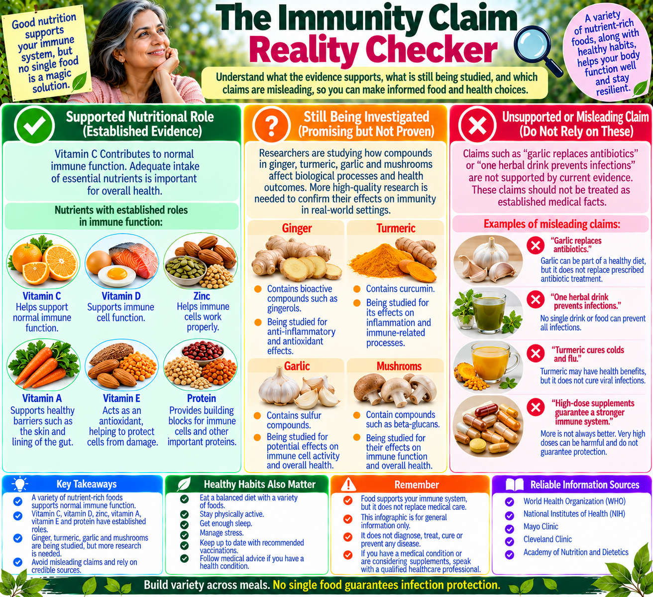 Evidence checker for plant foods and immune health distinguishing established nutrient functions from unproven claims about garlic, turmeric, ginger and herbal remedies.