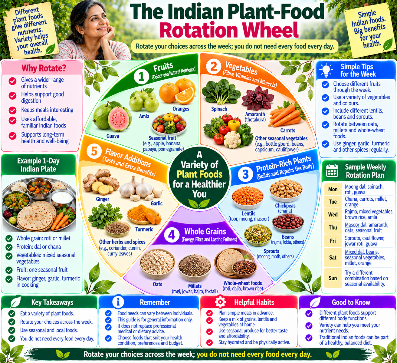 Weekly plant-food rotation wheel for immune health featuring Indian fruits, leafy greens, legumes, whole grains, nuts, seeds, and culinary herbs.