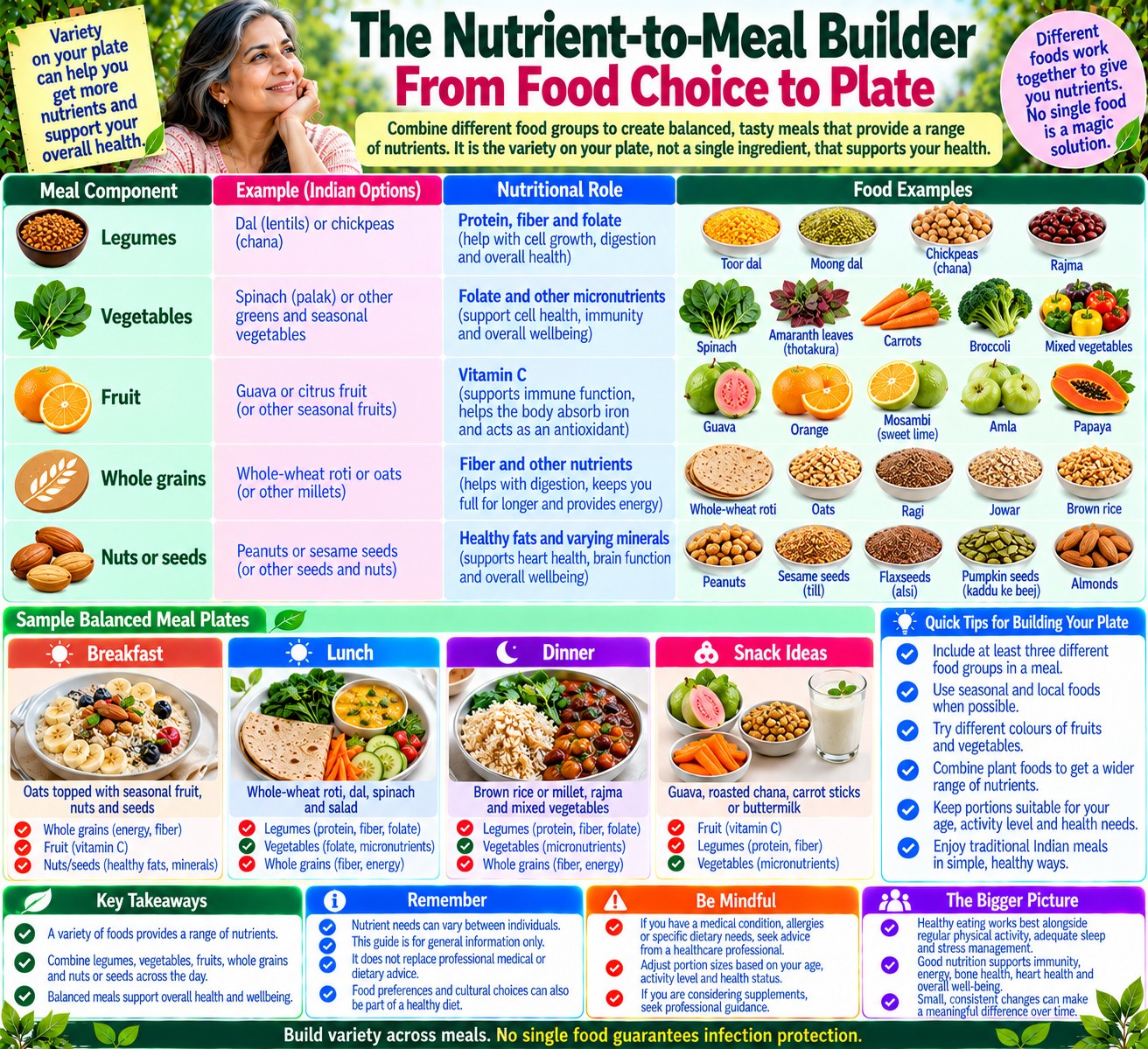Plant-based meal builder linking Indian foods such as dal, leafy greens, guava, whole grains, chickpeas, nuts and seeds with nutrients that support normal immune function.