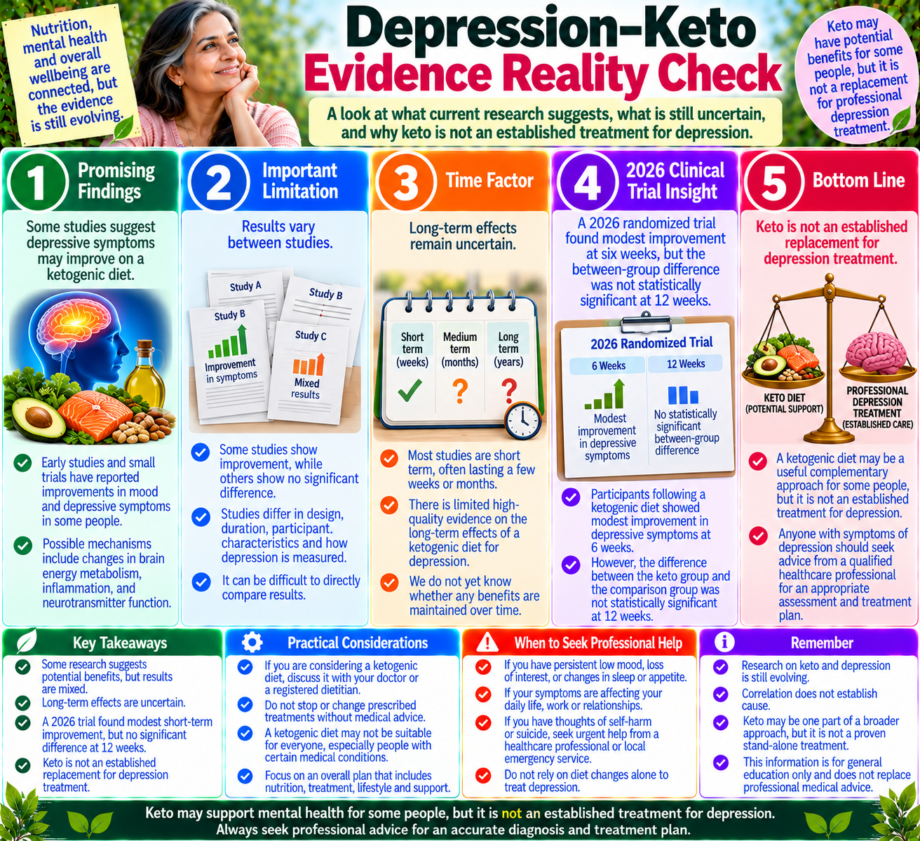 Infographic explaining current evidence, research limitations, and treatment considerations for the keto diet and depression.