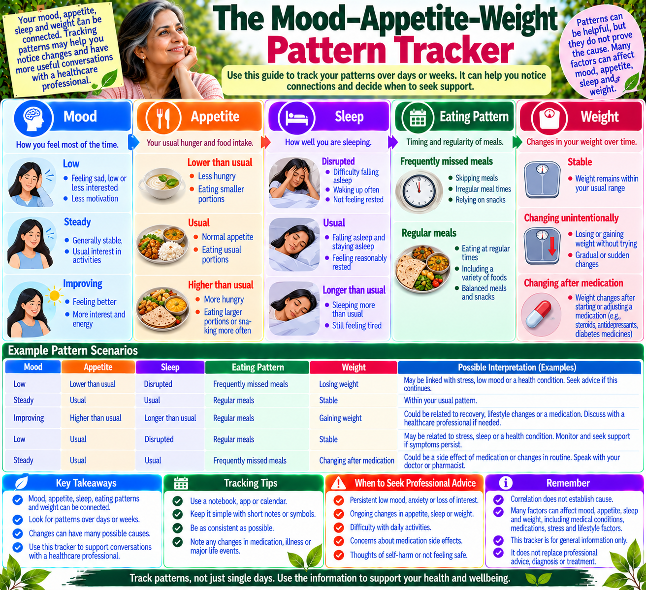 Mood appetite and weight pattern tracker for noticing changes in sleep, eating habits, energy and body weight to discuss with a healthcare professional.