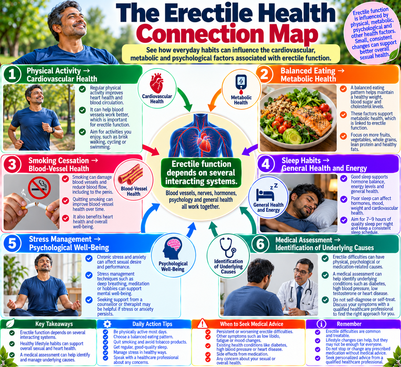 Infographic showing how exercise, diet, sleep, smoking cessation, and stress management relate to factors affecting erectile function.