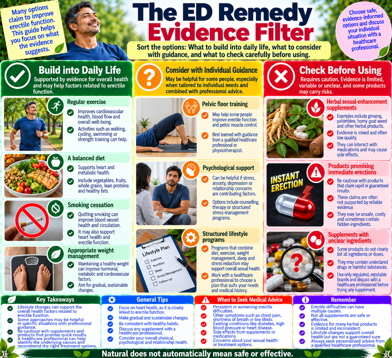 Infographic comparing evidence-supported lifestyle changes, approaches needing individualized guidance, and safety concerns with erectile dysfunction supplements.