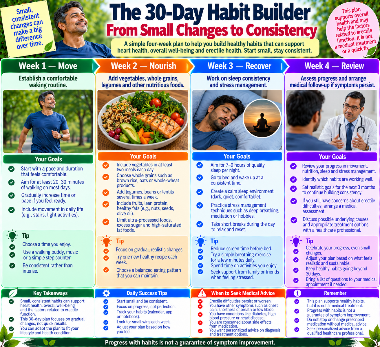 Four-week lifestyle habit tracker for erectile health featuring physical activity, healthy eating, sleep, stress management, and medical follow-up.