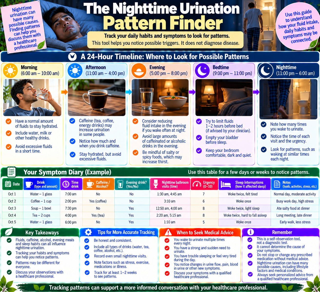 Infographic showing how fluid timing, caffeine, and nighttime bathroom visits can be recorded to identify urinary symptom patterns.