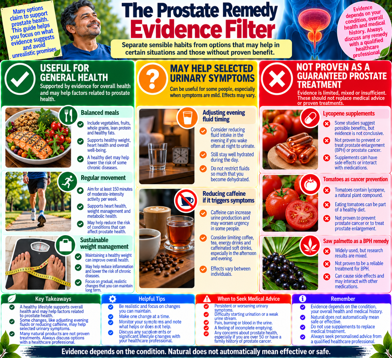 Evidence-based infographic comparing general prostate health habits, urinary symptom strategies, and natural remedies without proven benefits.