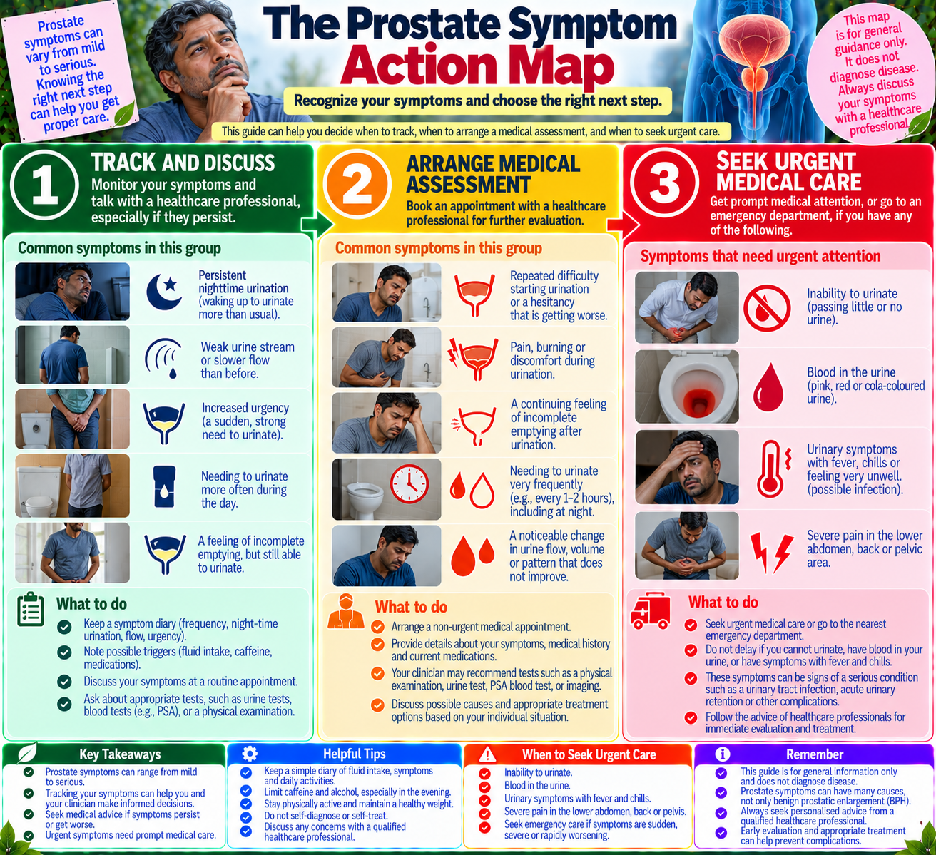 Prostate symptom infographic explaining when to track urinary changes, arrange a medical appointment, or seek urgent care.
