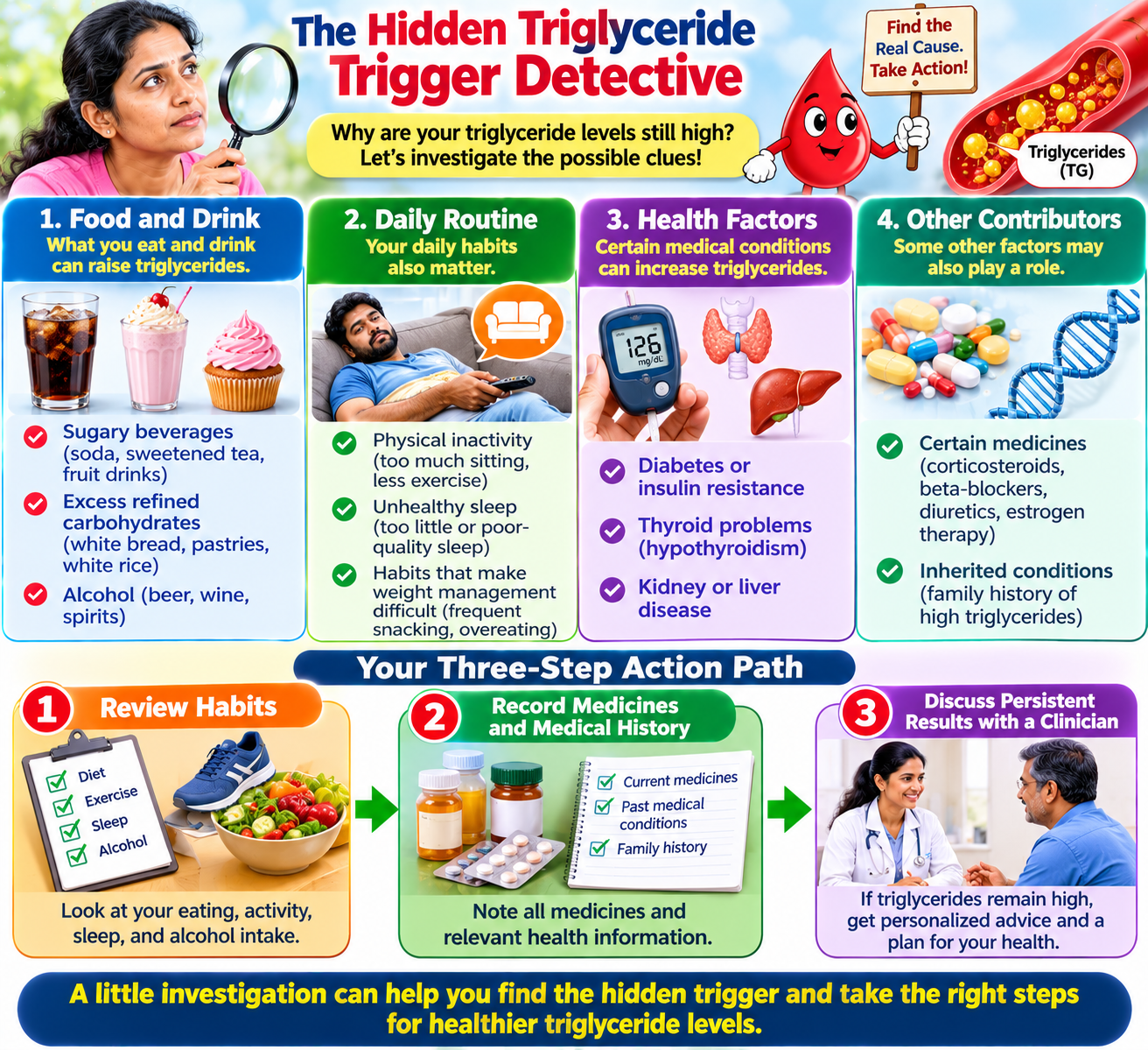 Infographic showing dietary, lifestyle, medical, medication-related, and genetic factors that may contribute to high triglyceride levels.
