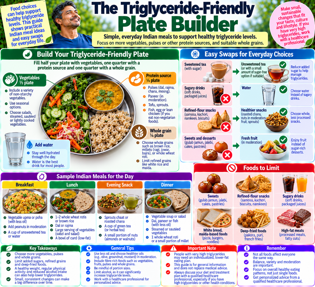 Infographic showing an Indian meal plate with vegetables, pulses, whole grains, and practical swaps to help manage high triglycerides.