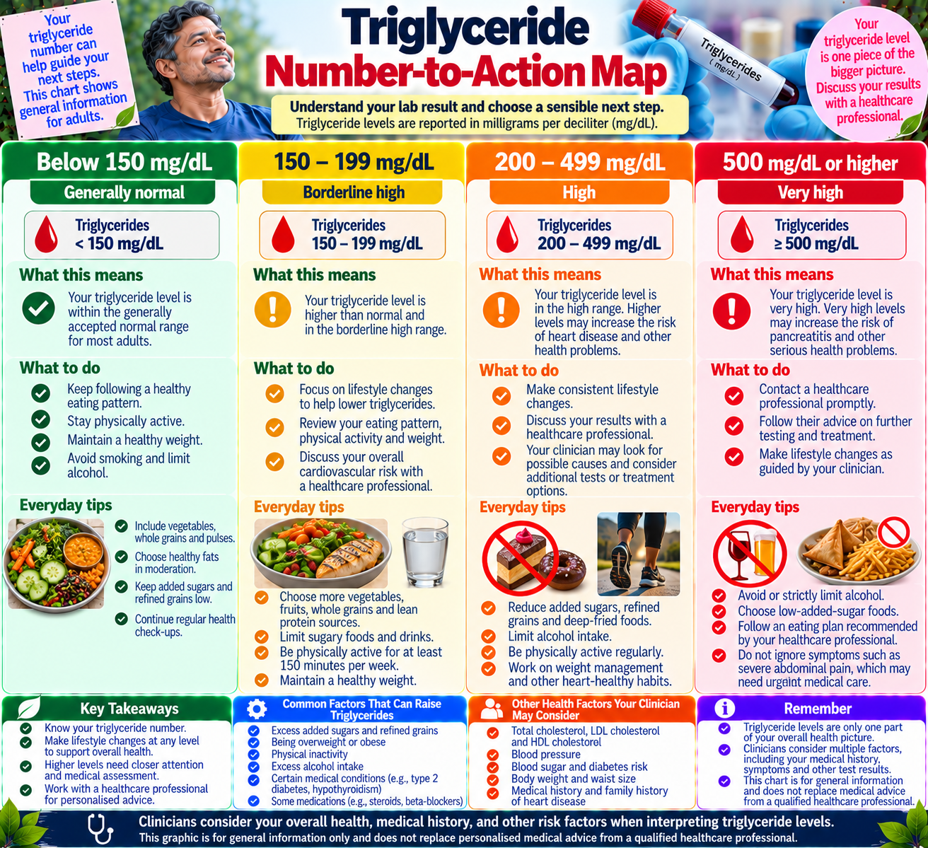 Infographic explaining adult triglyceride blood-test ranges and appropriate follow-up actions, including medical review for very high levels.