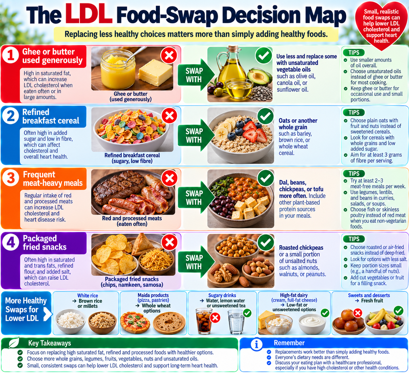 Infographic showing practical Indian food substitutions that reduce saturated fat and increase soluble fiber to help lower LDL cholesterol.