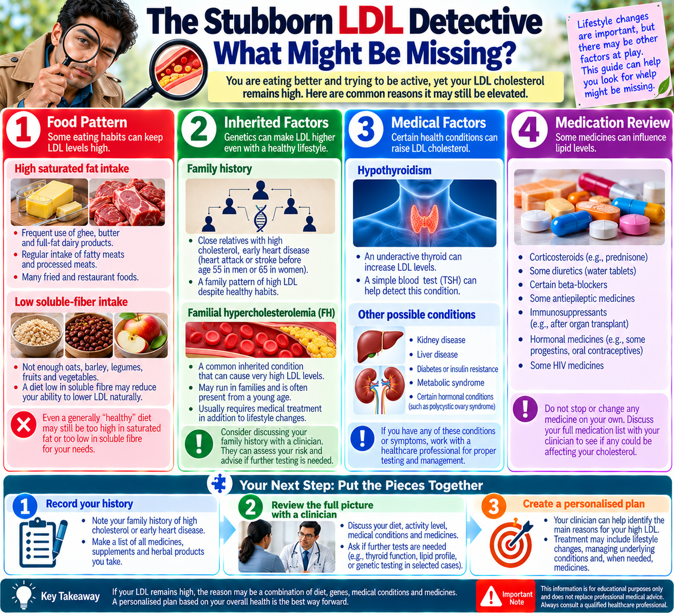 Infographic showing dietary, genetic, medical, and medication-related reasons LDL cholesterol may remain high despite lifestyle changes.