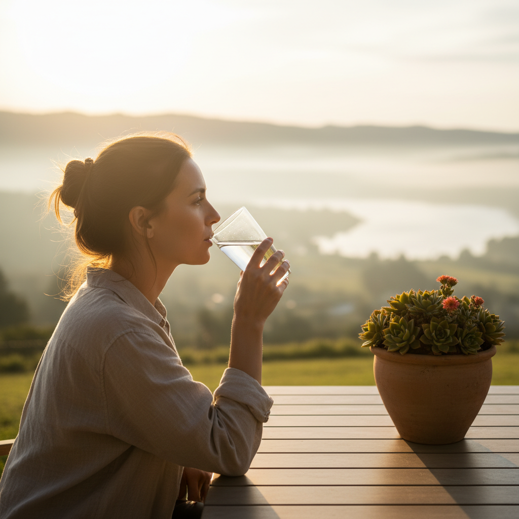 Person drinking water in the morning
